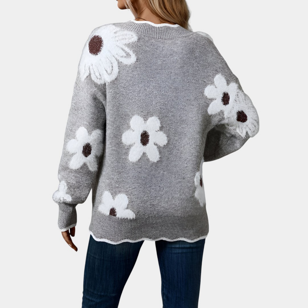 Felicja - Elegancki Sweter z Dekoltem w Serek w Kwiaty