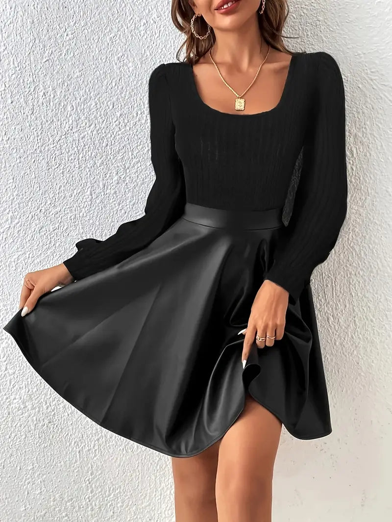 Sukienka z dzianinową górą i rozkloszowanym dołem z eko-skóry w kolorze czarnym