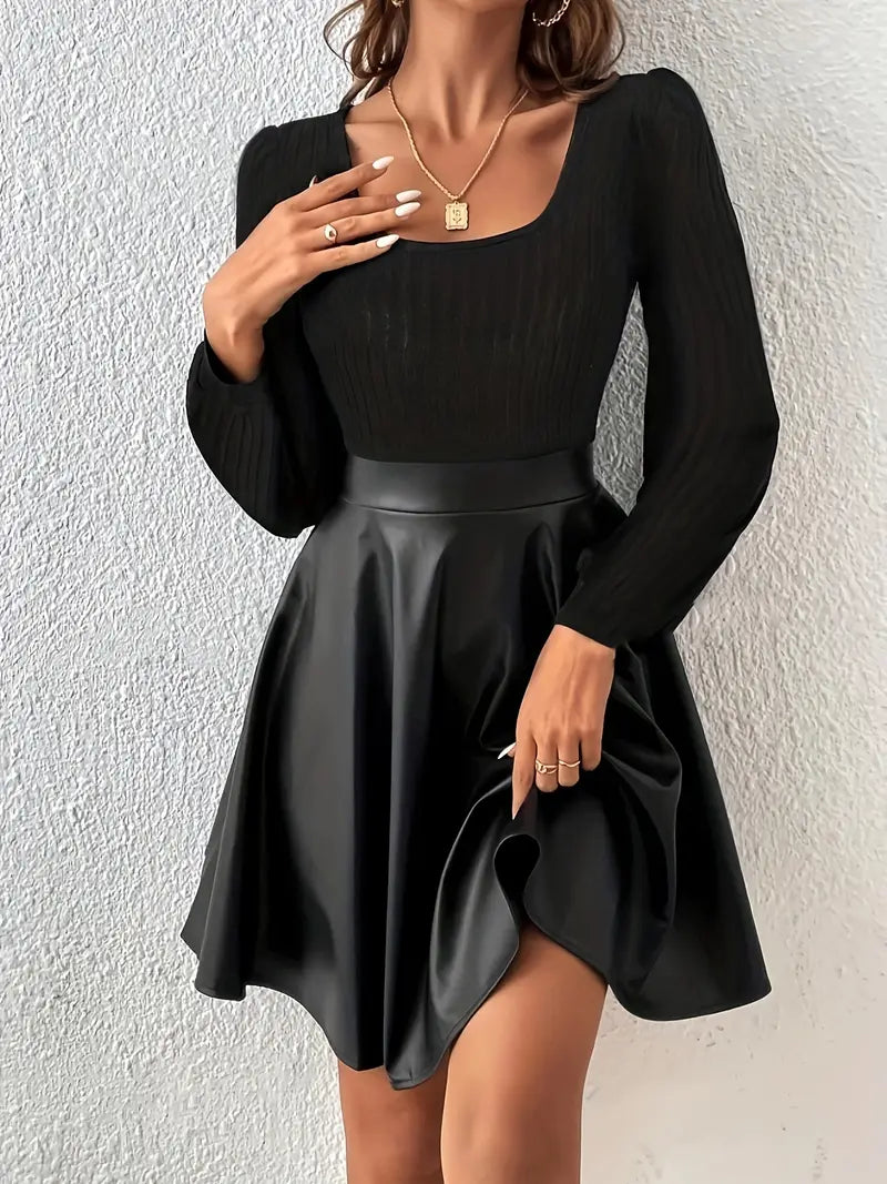 Sukienka z dzianinową górą i rozkloszowanym dołem z eko-skóry w kolorze czarnym