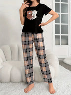 Czarna piżamka damska z nadrukiem misiów i spodniami w kratę